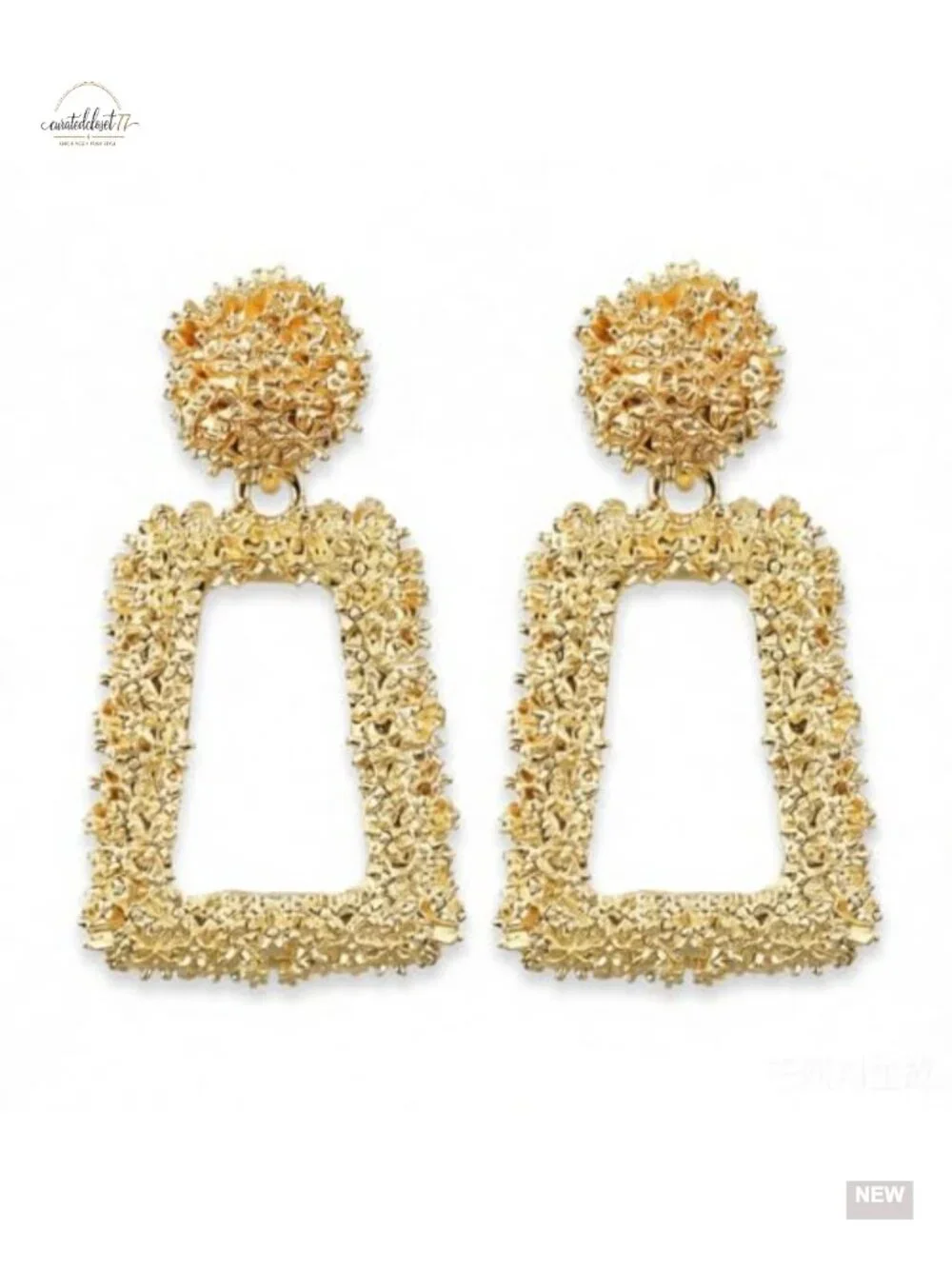 Matte Gold Trapezoid Dangle Earrings - Textured Relief Geometric Statement Drop